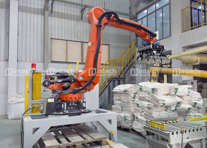 Dự án tự động hóa: Hệ robot bốc xếp bao kết hợp máy quấn màng công nghiệp?