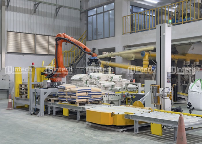 Tổng quan về dây chuyền hệ robot bốc xếp bao kết hợp máy quấn màng